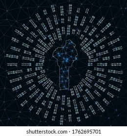 Benin digital map. Binary rays radiating around glowing country. Internet connections and data exchange design. Vector illustration.