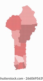 Benin gepunktete Karte. Digitale Landkarte auf weißem Hintergrund. Benin Form mit Kreispunkten. Farbige Punkte. Kleine Kreise. Abstrakte Vektorgrafik.