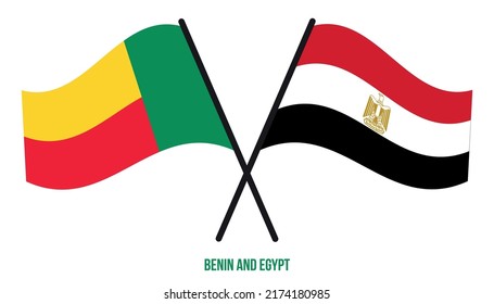 Banderas de Benín y Egipto cruzadas y ondeando estilo plano. Proporción oficial. Colores correctos.