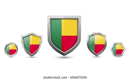 Benin flag badges - silver shape shield circle hexagon - vector illustration