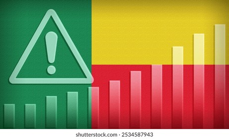 Benin flag with burlap texture, warning sign, and rising bar chart symbolizing increasing risk or growth challenges in the country. Ideal for data presentations.