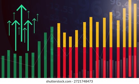 Bandera de Benín con textura de arpillera, señal de advertencia y gráfico de barras ascendente que simboliza el aumento del riesgo o los desafíos de crecimiento en el país. Ideal para presentaciones de datos