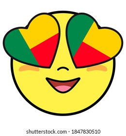 Benin flag button. Patriotic smile in hearts glasses. Emoji icon isolated on white background.