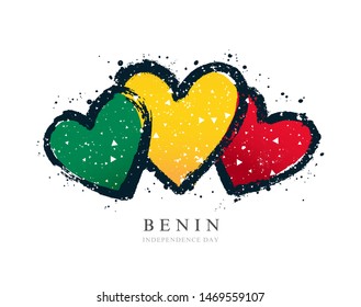 Benin flag in the form of three hearts. Vector illustration on a white background. Brush strokes are drawn by hand. Independence Day.