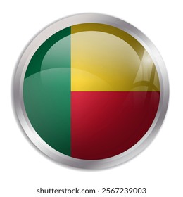 Benin flag - glossy circle button displays a colorful flag representing a country cultural identity and heritage. The essence of national pride and unity.