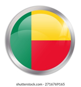 Benin flag - glossy circle button in metal frame displays a colorful flag of a country cultural identity and heritage. The essence of national pride and unity.
