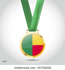 Benin Flag in gold Medal. Vector Illustration. RIO Olympic Game gold Medal. Vector Illustration