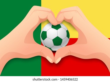 Benin flag and hand heart shape. National football background. Soccer ball with flag of Benin vector illustration