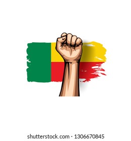 Benin flag and hand on white background. Vector illustration
