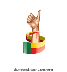 Benin flag and hand on white background. Vector illustration