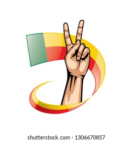 Benin flag and hand on white background. Vector illustration