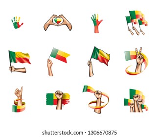 Benin flag and hand on white background. Vector illustration