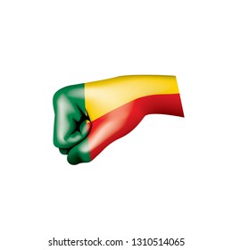 Benin flag and hand on white background. Vector illustration