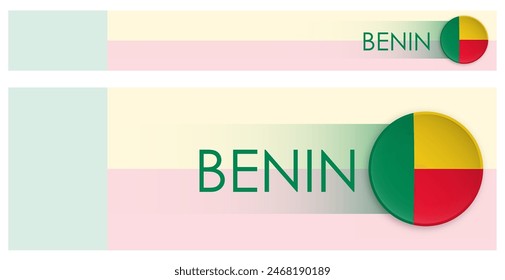 Anuncio de Web Horizontal de la bandera de Benín en estilo moderno del neomorfismo. Página web Benín Botón de cabecera de país para aplicación móvil o sitio de Internet. Vector