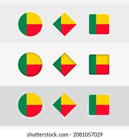 Fijación de iconos de Benín, bandera vectorial de Benín. Tres versiones del icono.