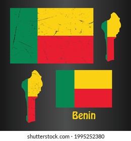 Benin Flag mit Karte in Grunge Textur. Vektorvorlage.