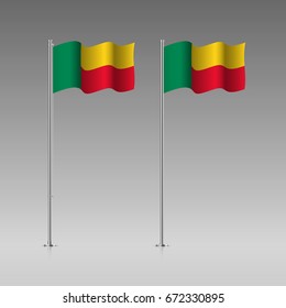Benin flag on the flagpole. Official colors and proportion correctly. High detailed vector illustration. 3d and isometry. EPS10