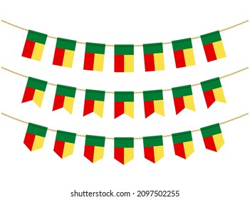Benin flag on the ropes on white background. Set of Patriotic bunting flags. Bunting decoration of Benin flag
