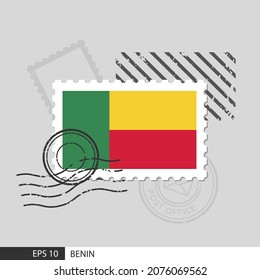 Benin flag postage stamp. Isolated vector illustration on grey post stamp background and specify is vector eps10.