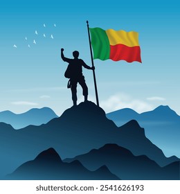 Bandera de Benín levantada en una cima montañosa con el cielo despejado en el fondo, Ilustración vectorial