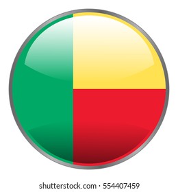 Benin flag. Round glossy isolated vector icon with national flag of Benin on white background. Round glow glass button.