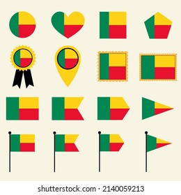 Benin flag set in 16 shape versions. Collection of Benin flag icons with square, circle, heart, triangle, medal, stamp and location shapes.