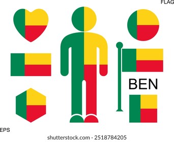 Benin-Fahne gesetzt. Einzige Benin-Flagge auf weißem Hintergrund