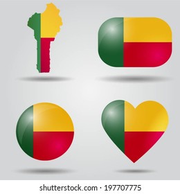 Benin flag set in map, oval, circular and heart shape.