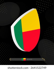 Benin Flag Shield icon in 3D on Dark Modern Abstract Rugby Background. Perfect for sports events, heritage themes, national celebrations, and patriotic designs.