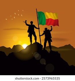 Benin flag, silhouette of two climbers holding flags at sunset