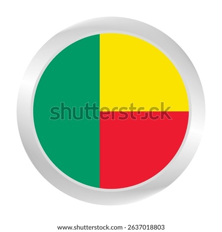 The Benin flag.  Silver frame. Circle flag icon logo. Round glossy. Flag icon. Standard color. Digital illustration. 