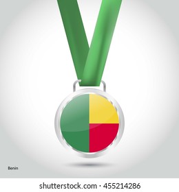 Benin Flag in Silver Medal. Vector Illustration. RIO Olympic Game silver Medal. Vector Illustration