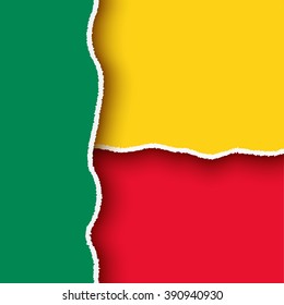 Benin flag,  torn paper lacerated banners set with ripped edges and shadows, vintage style layered stripes template with empty space for text for writing, scrapbooking, vector illustration