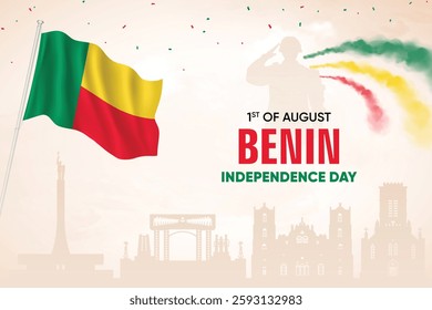 Benin Flag Waving On Skyline Background. Independence Day Concept Design Vector Illustration.