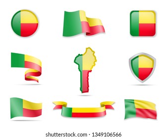 Benin flags collection. Flags and outline of the country vector illustration set