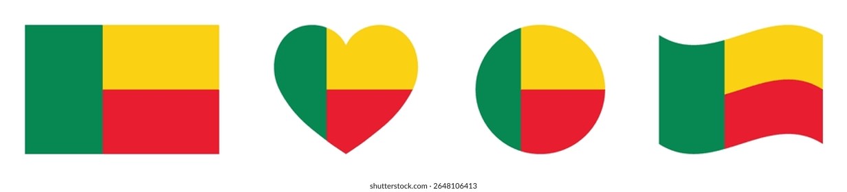 Benin flags set in square, heart, circle and waving formats designs element. Benin flags collection. Set of Benin flags icons isolated on white background. Vector illustration.