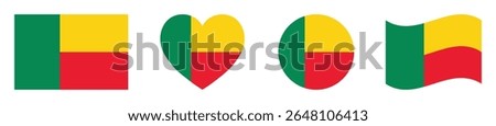 Benin flags set in square, heart, circle and waving formats designs element. Benin flags collection. Set of Benin flags icons isolated on white background. Vector illustration.