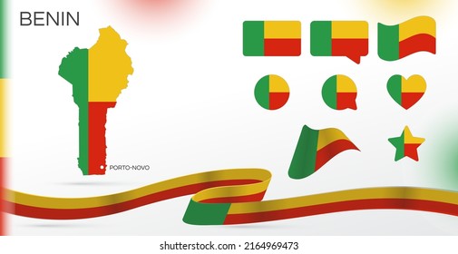 Benin flags set. Various designs. Map and capital city. World flags. Vector set. Circle icon. Template for independence day. Collection of national symbols. Ribbon with colors of the flag. African