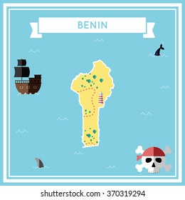 Benin flat treasure map. Colorful cartoon treasure map of Benin with flat icons of pirate ship, jolly roger, treasure chest and banner ribbon. Flat design vector illustration.