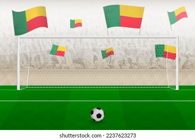 Benin football team fans with flags of Benin cheering on stadium, penalty kick concept in a soccer match. Sports vector illustration.