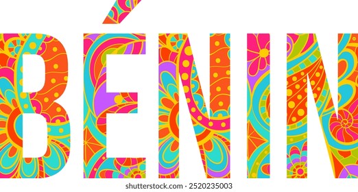 Benin (Bénin in french) creative country name text design filled with colorful doodle pattern	