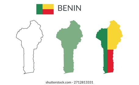 Beniner geografische Grenzen einzeln auf weißem Hintergrund. Die Flagge von Benin. Vektor flache Cliparts.