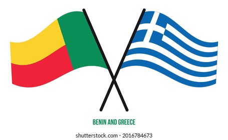 Banderas de Benín y Grecia Cruzadas y ondeando estilo plano. Proporción oficial. Colores correctos.