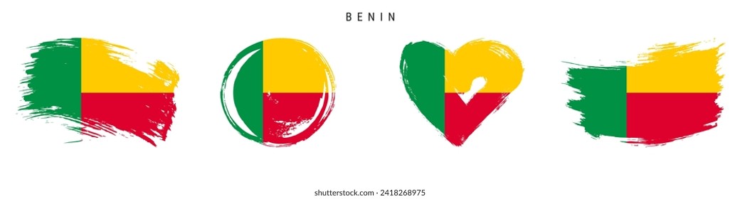 Benin hand drawn grunge style flag icon set. Dahomey banner in official colors. Free brush stroke shape, circle and heart-shaped. Flat vector illustration isolated on white.