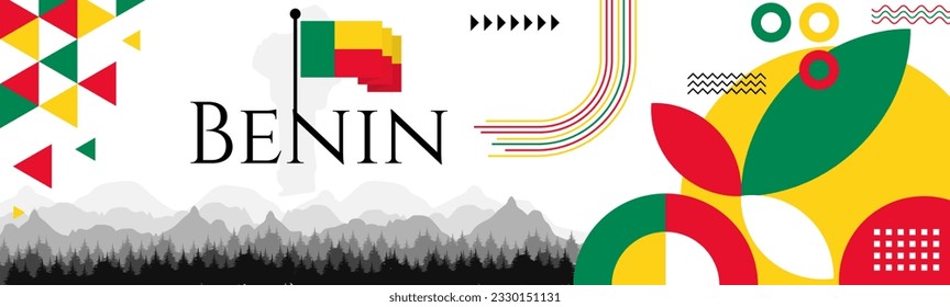 Benin Independence Day abstract banner design with flag and map. Flag color theme geometric pattern retro modern Illustration design. Green, Yellow and Red flag color template.