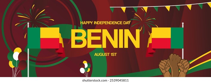 Benin Unabhängigkeitstag festliches Banner. Lebendige moderne Vorlagen für Feiertage, Grußkarten, Plakatwände und Sportveranstaltungen. 1. August. Glücklicher Nationalfeiertag von Benin