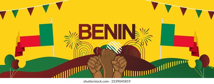 Benin independence day festive banner. Vibrant modern templates for holiday celebration, greeting card, billboard, and sport event backdrops. August 1st. Happy national day of Benin