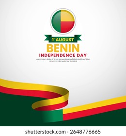 Benin independence day greeting card, square banner background with warving ribbon flag