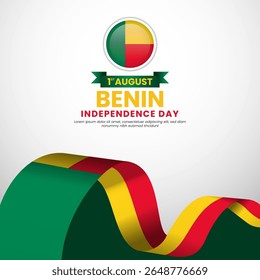 Benin independence day greeting card, square banner background with warving ribbon flag