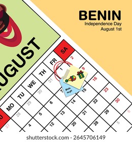 Benin Independence Day reminder on August 1st in a wall calendar with illustrative people wearing the nation's traditional attire.